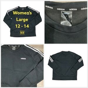 Women's adidas Large L 12 - 14 Crew Fleece Sweatshirt Black Athletic 3 Stripes